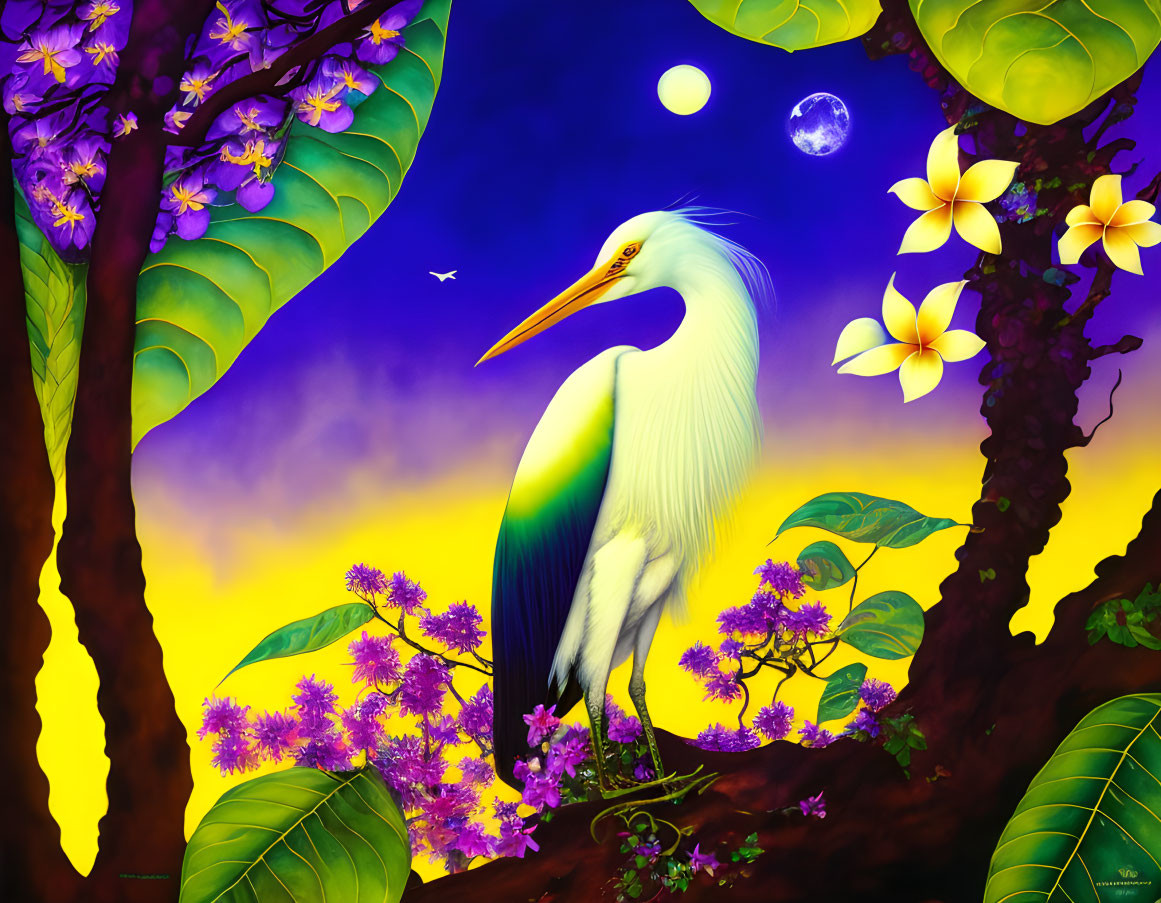 Colorful artwork: white egret, purple flowers, yellow to purple sky, moon.