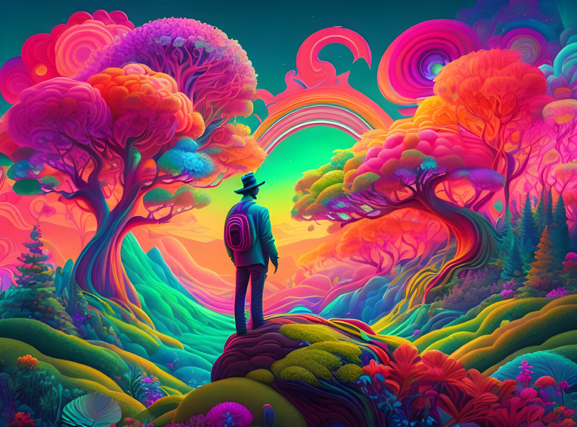 Colorful surreal landscape with neon trees and swirling rainbow man in hat amidst alien vegetation