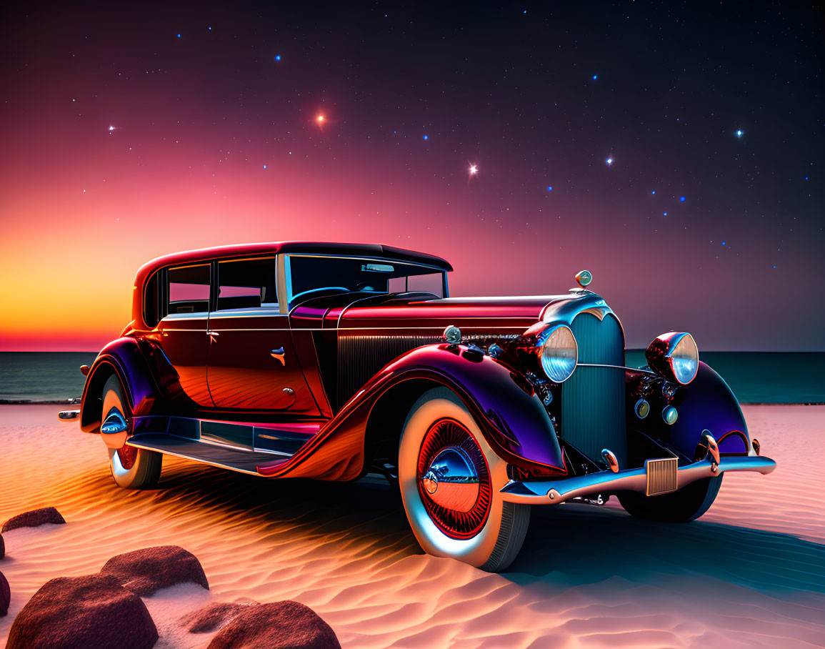 Vintage car with blue and orange accents on beach at sunset