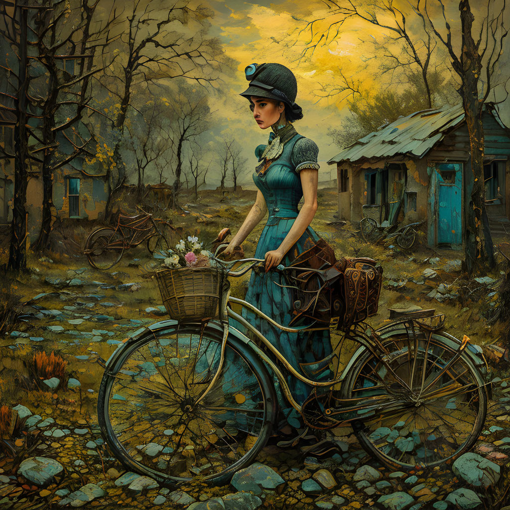 Vintage Attired Woman with Bicycle in Autumnal Rustic Scene