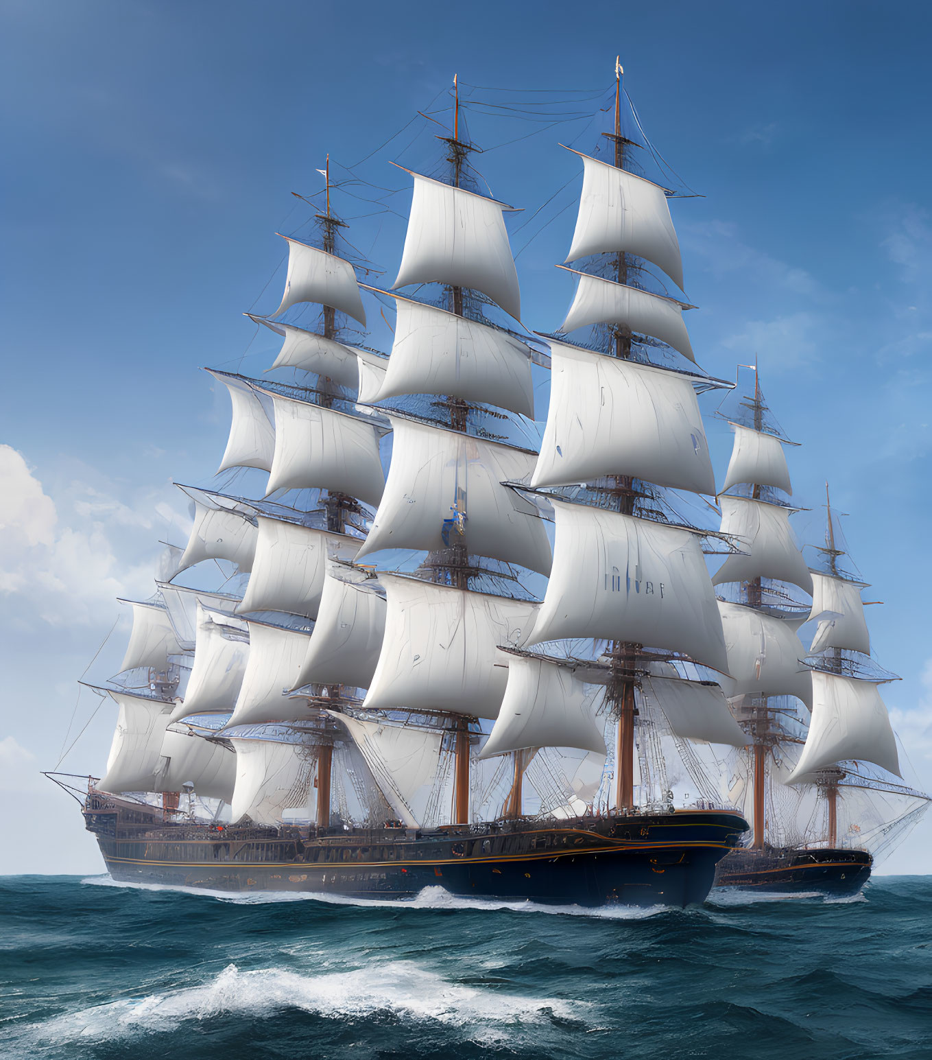 Majestic multi-masted sailing ship on ocean under cloudy sky