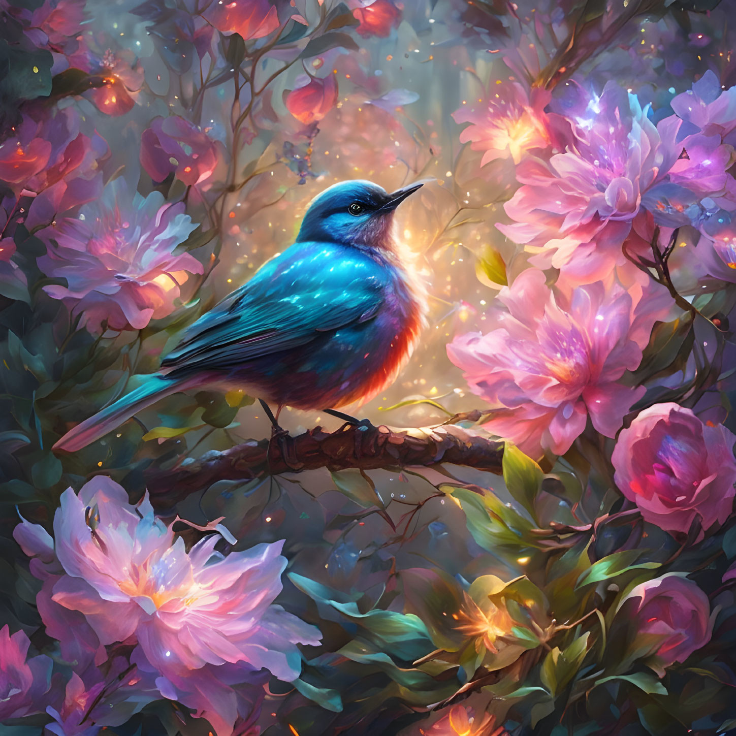 Colorful bird perched among pink blossoms in enchanted forest