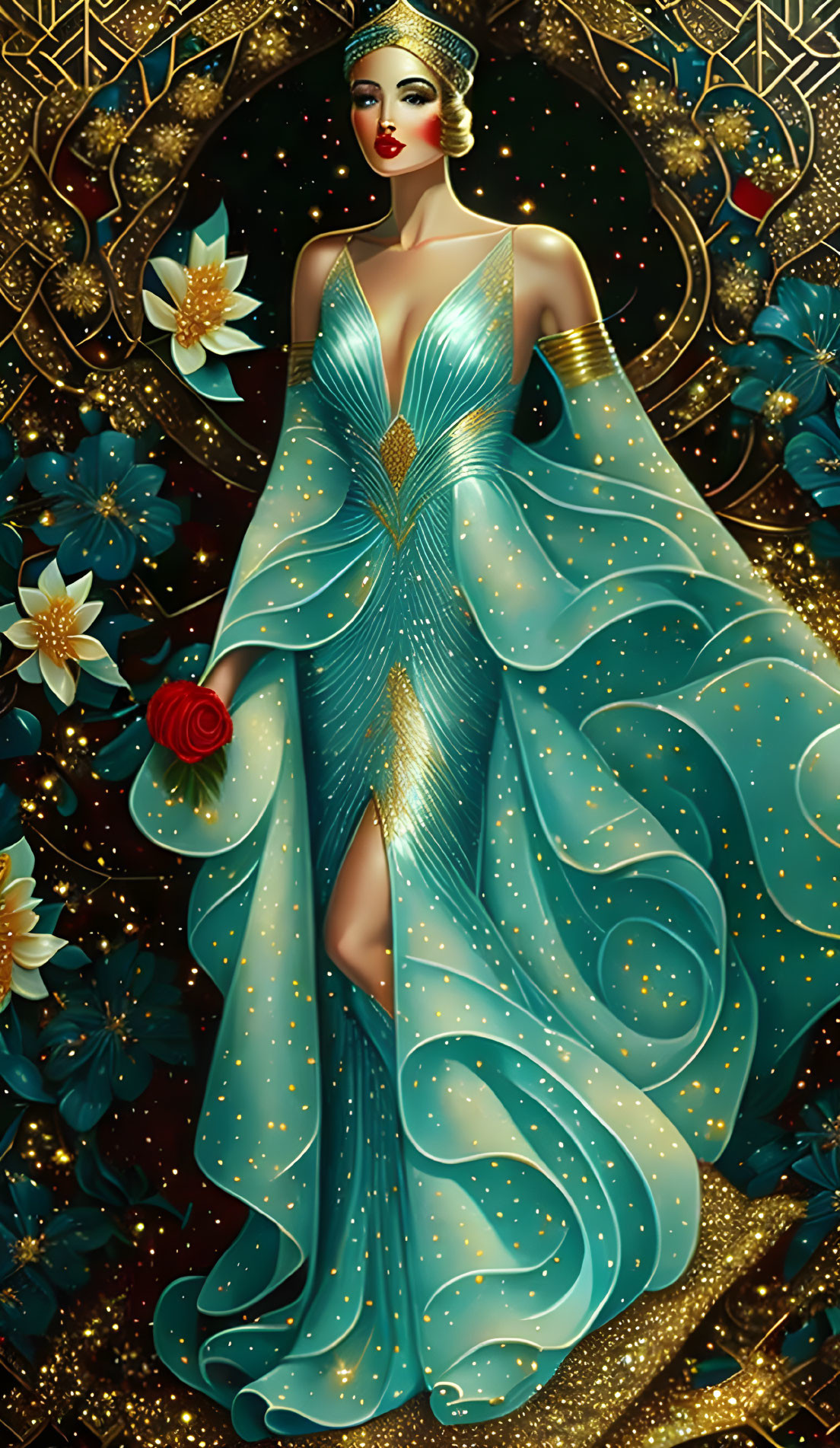 Illustrated woman in teal dress with golden accents among stylized flowers on dark background