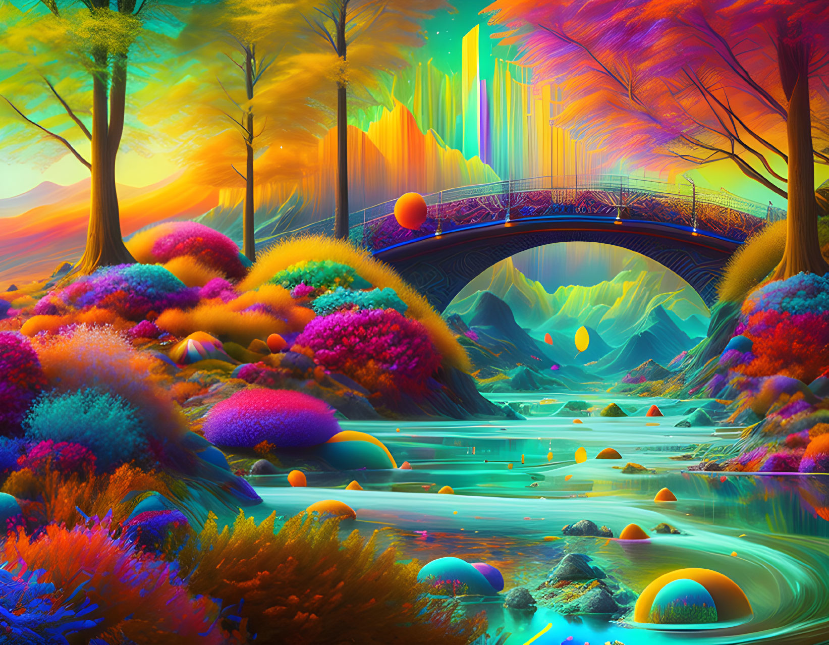 Fantastical landscape with river, colorful foliage, orbs, stone bridge, neon-lit skies