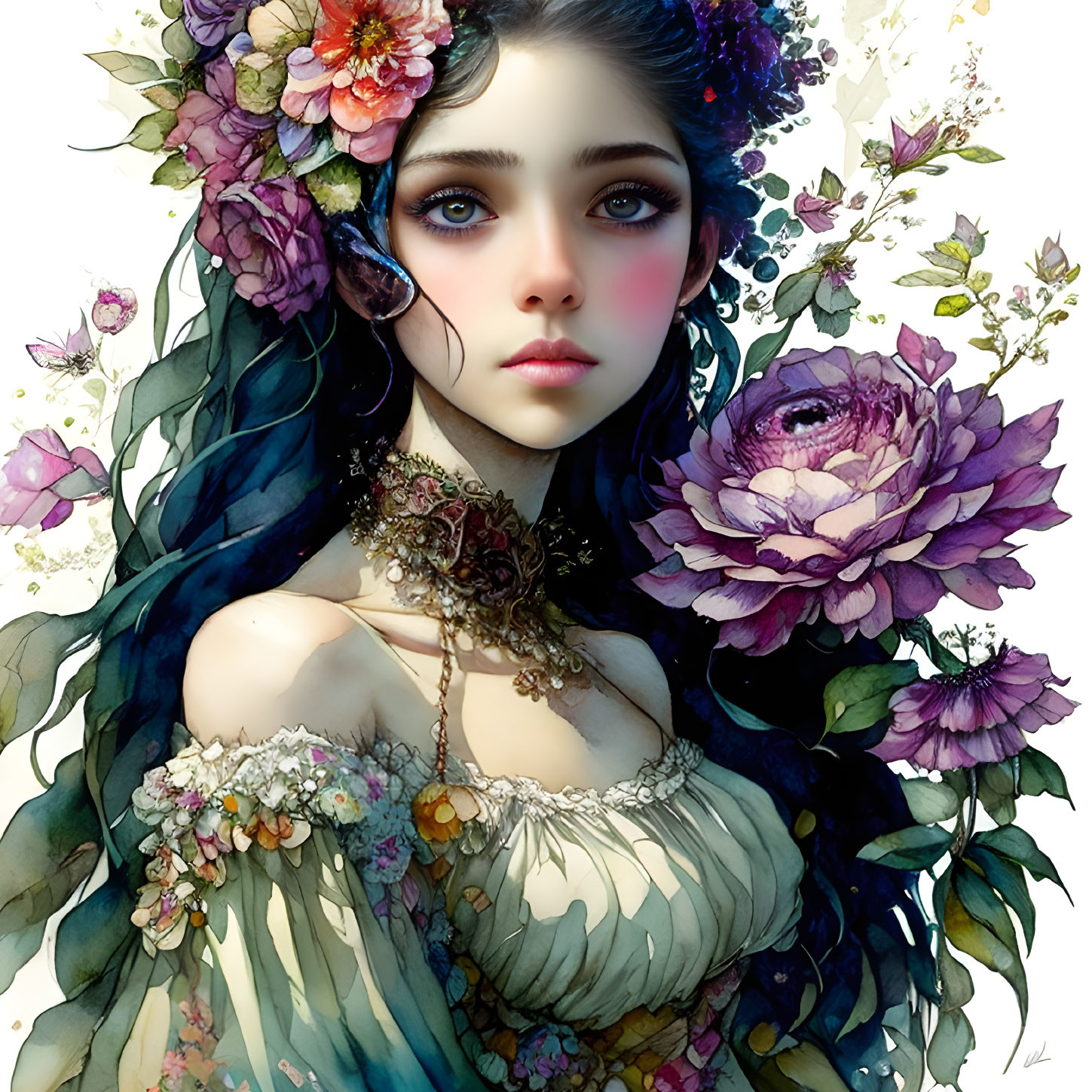 Colorful digital portrait of a woman with blue hair and floral adornments