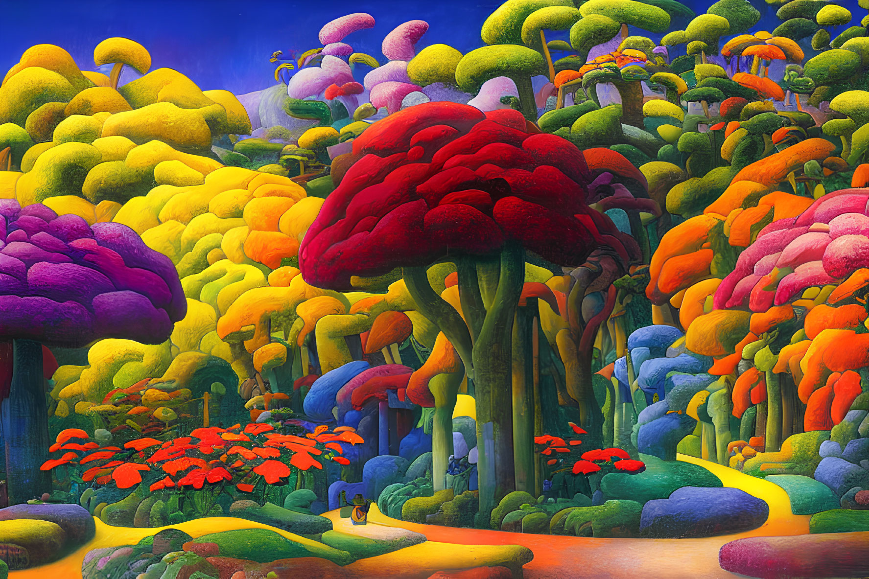 Colorful Fantasy Forest with Oversized Mushroom-like Trees and Path