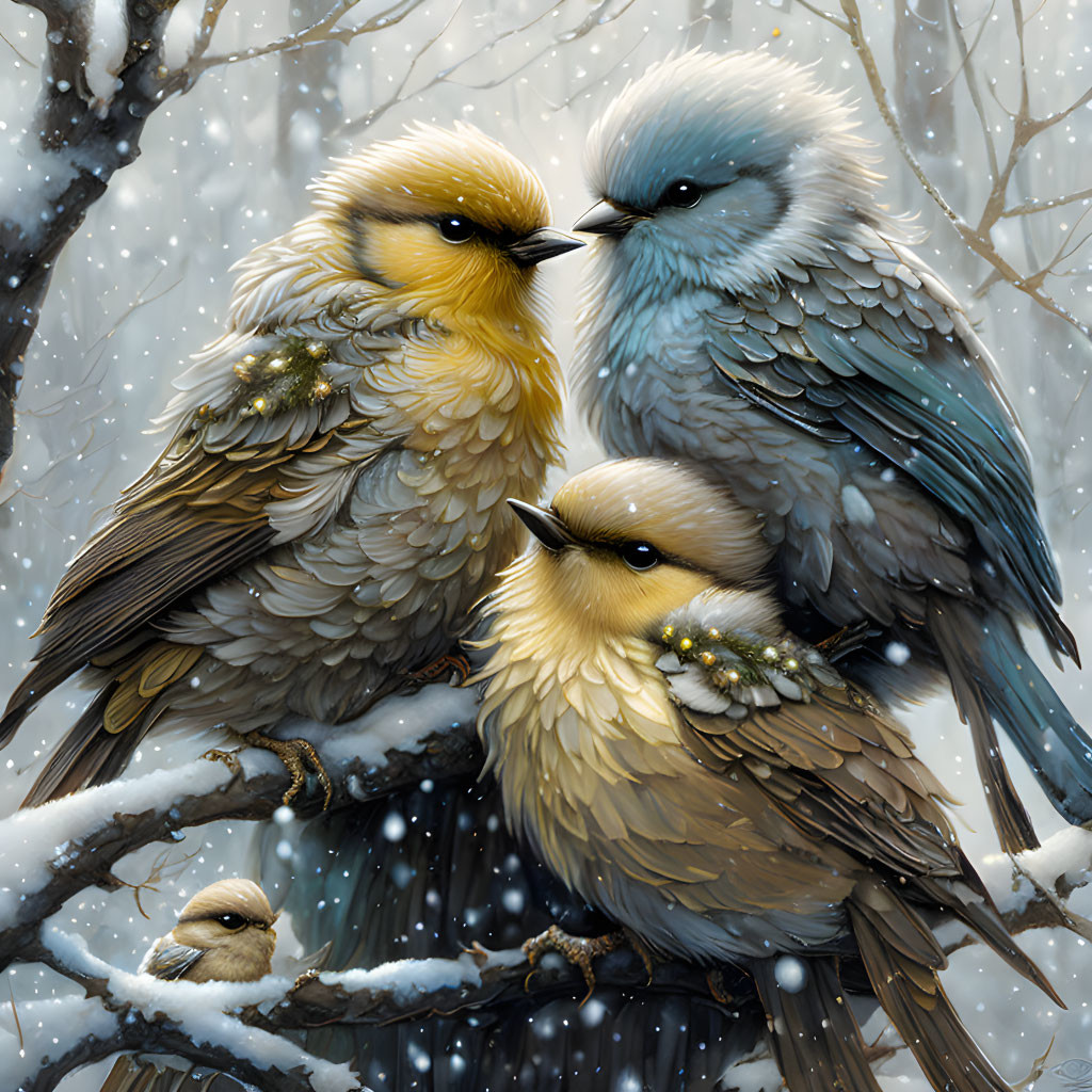 Three birds with yellow and blue feathers on snowy branch with falling snowflakes