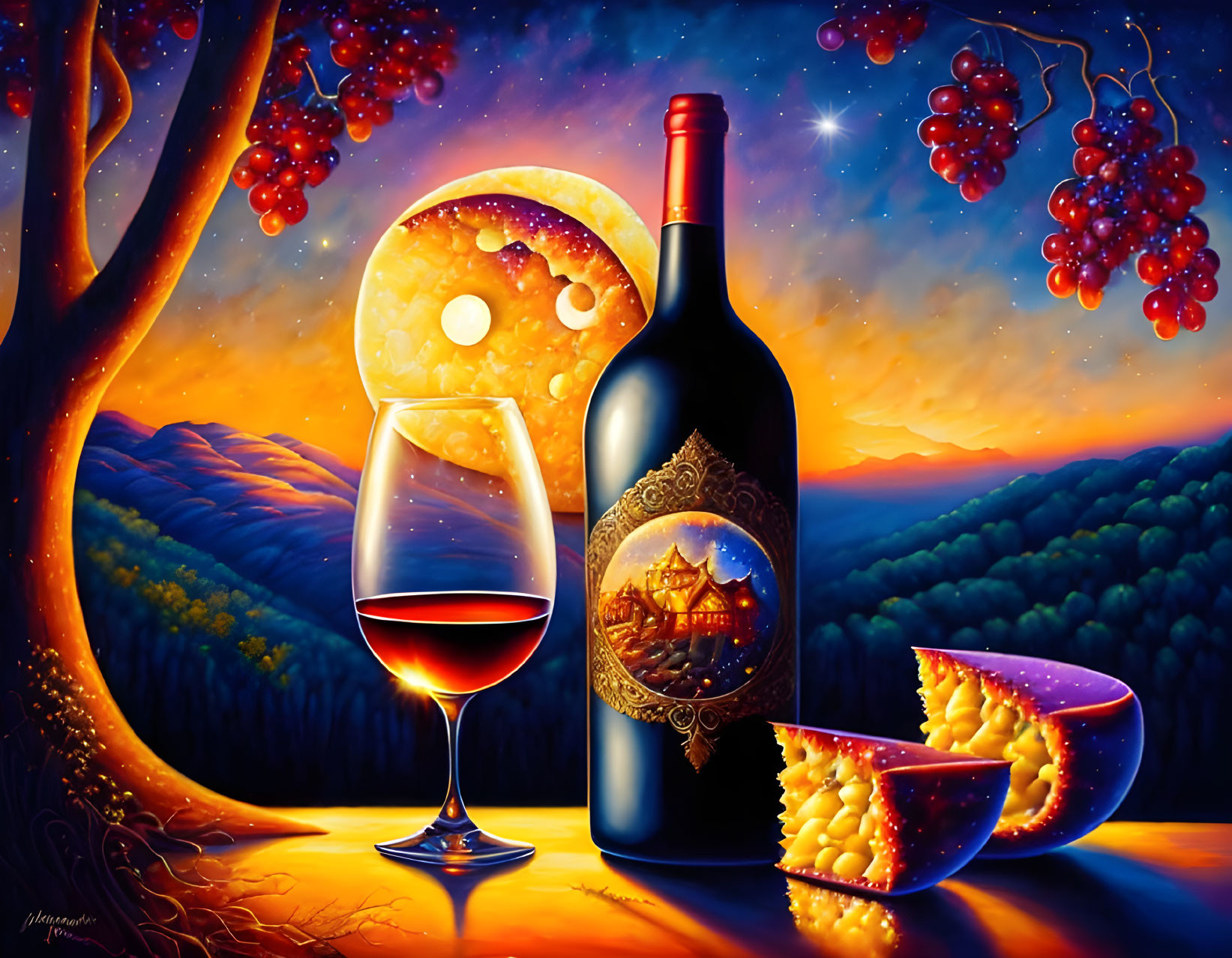 Wine bottle, glass, cheese, moon, grapevines in vibrant landscape