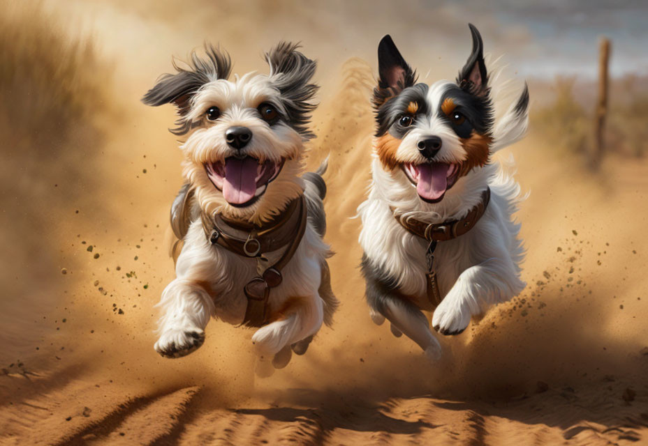 Two collared dogs joyfully running in desert landscape