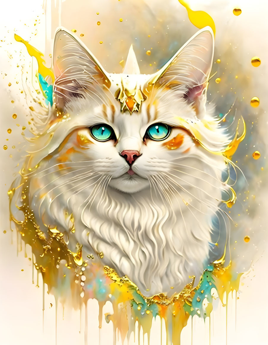 Fantasy white cat with blue eyes wearing a golden crown surrounded by gold splashes