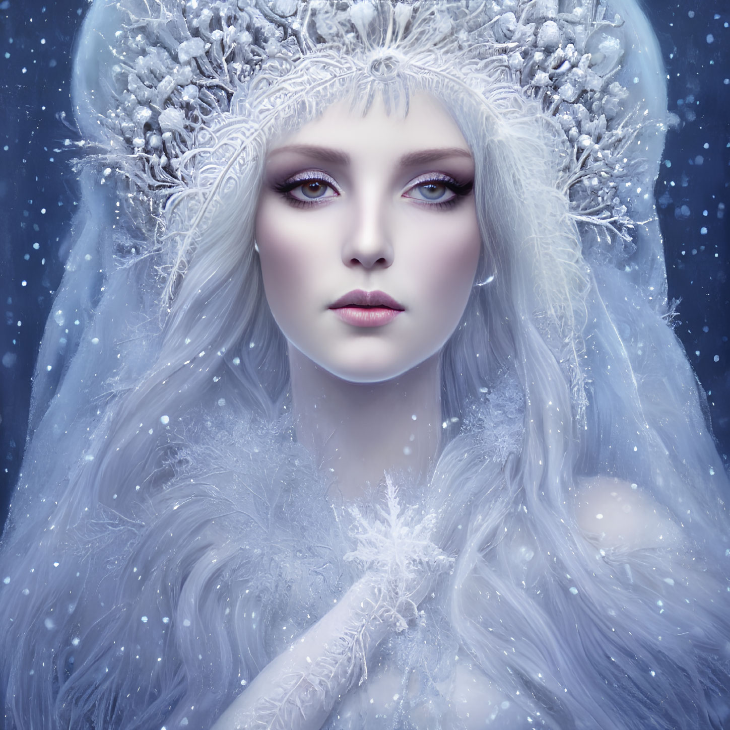 Fantasy portrait of woman with icy blue eyes and white hair adorned with crystals