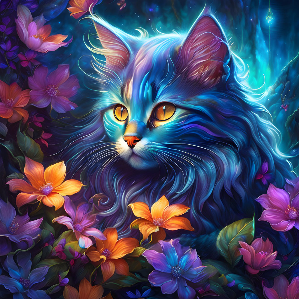 Colorful digital painting of mystical blue cat with yellow eyes in celestial setting