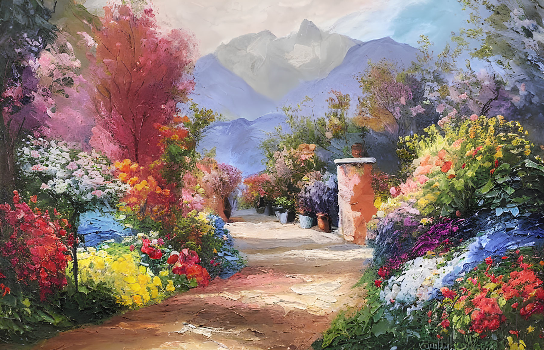 Vibrant garden path with blooming flowers and distant mountains under cloudy sky