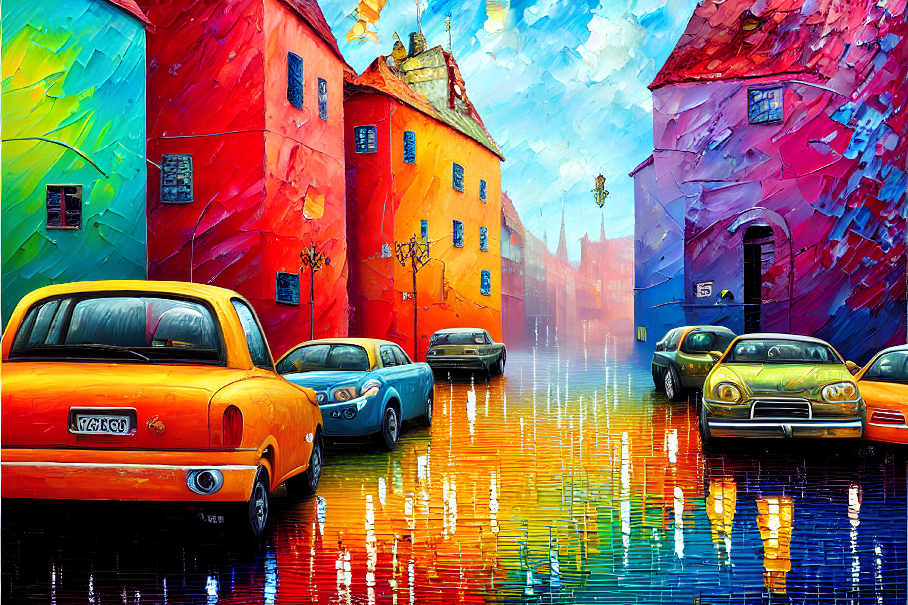 Colorful Painting of Rainy Street Scene with Reflective Surfaces