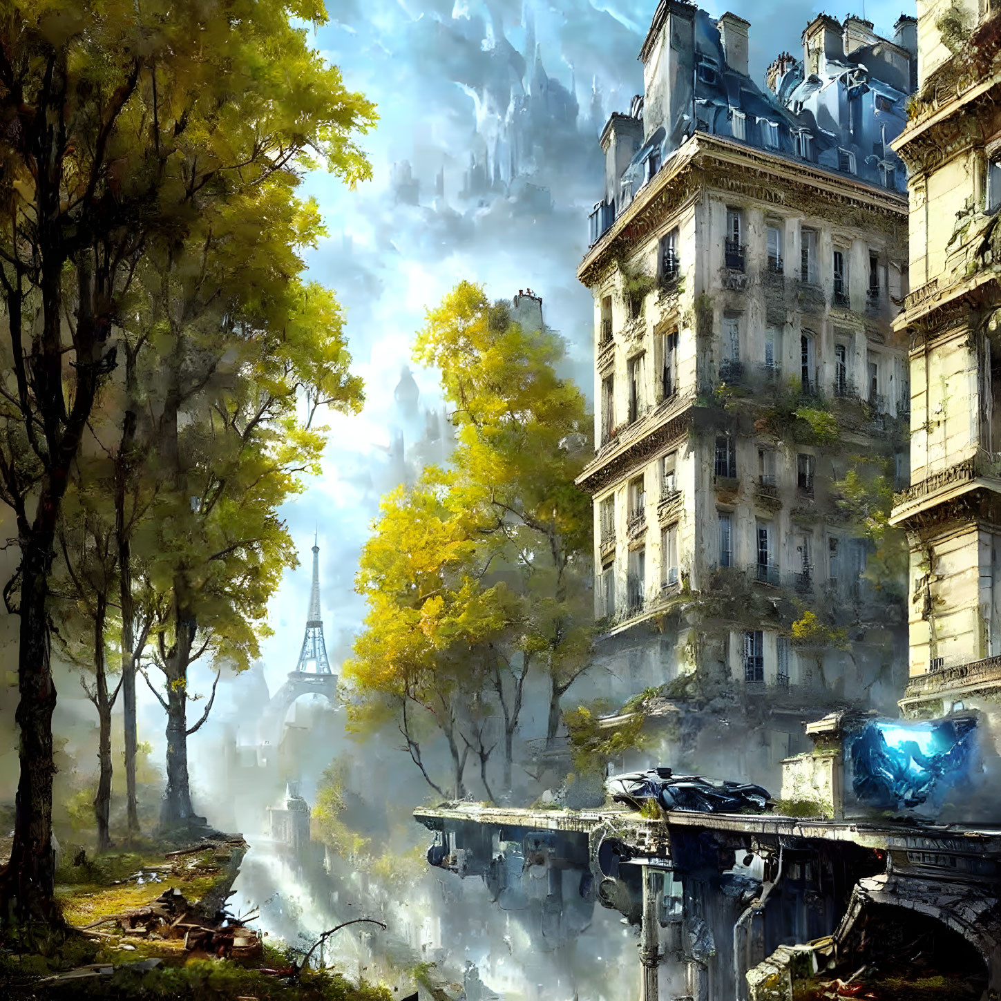 Overgrown trees and dilapidated buildings in futuristic cityscape.