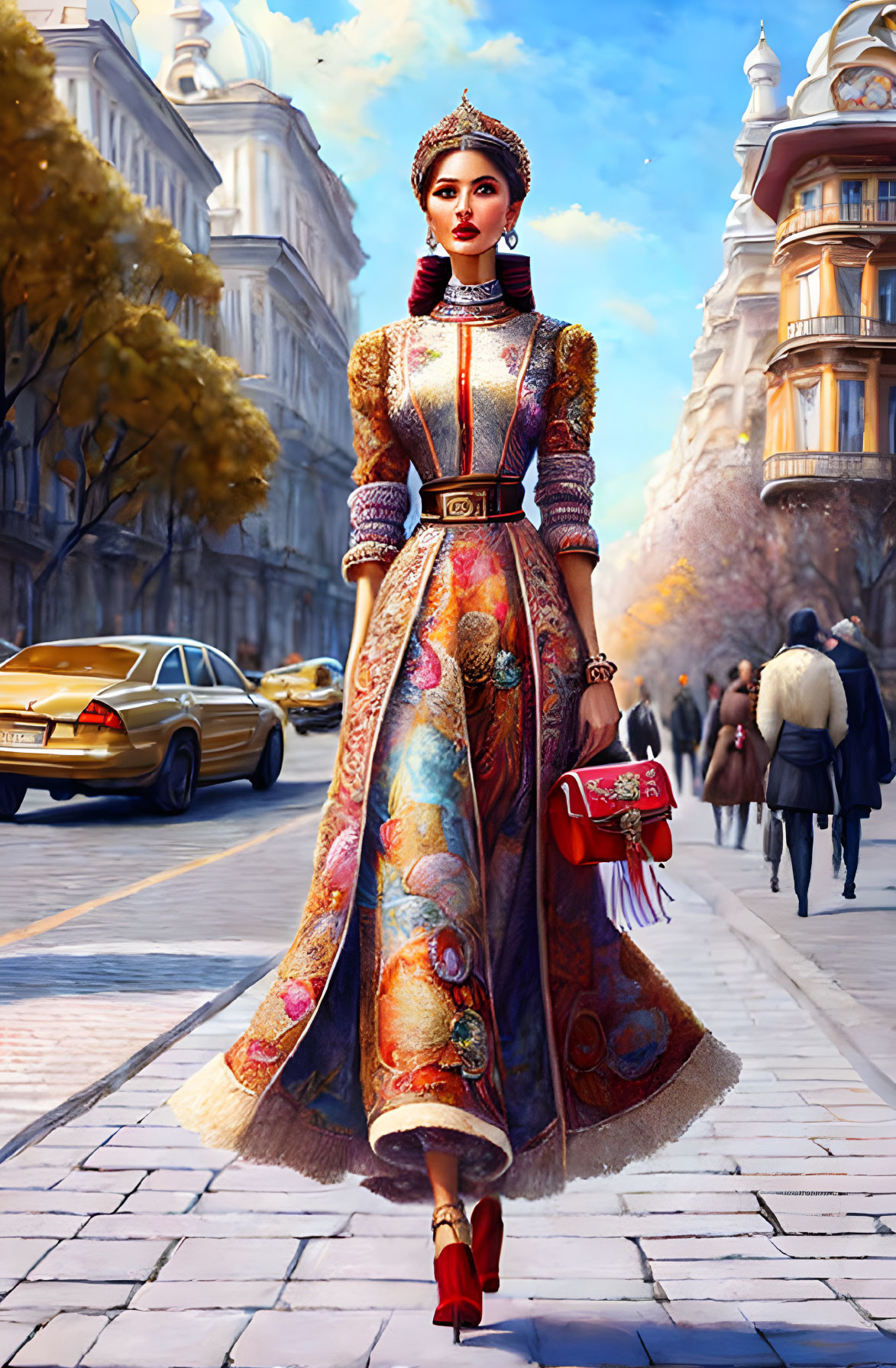 Vibrant traditional attire woman walking in city scene