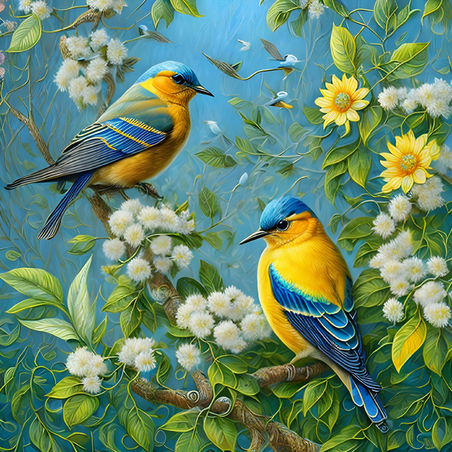 Vibrant Blue and Yellow Birds Among Blossoming Flowers and Greenery