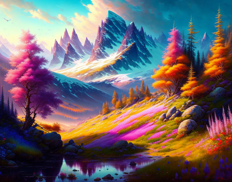 Majestic mountains and colorful foliage in fantasy landscape