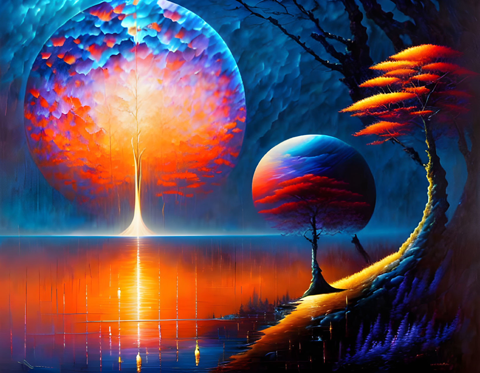 Luminous tree in vibrant fantasy landscape