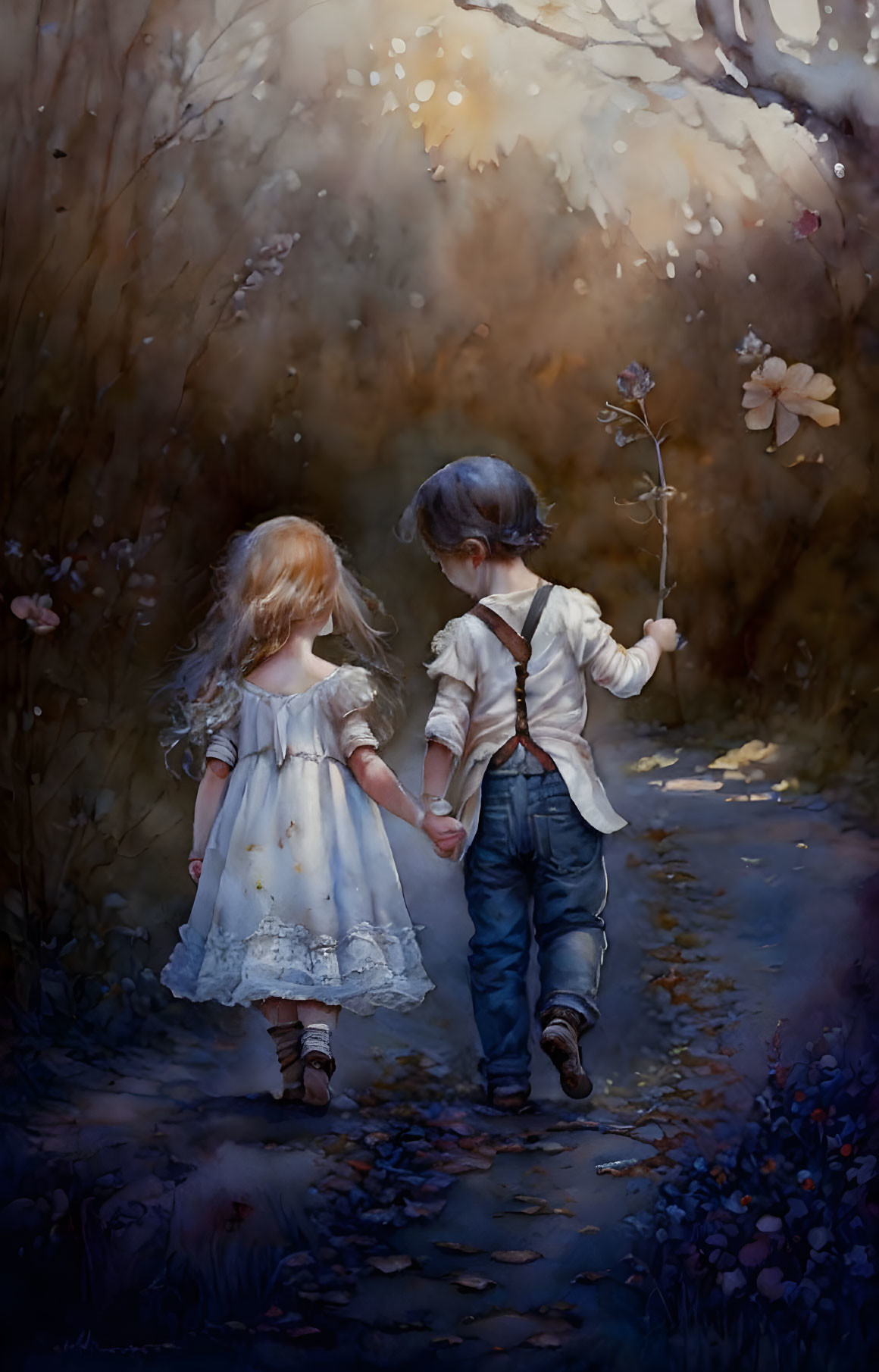 Children walking on flower-lined path holding hands