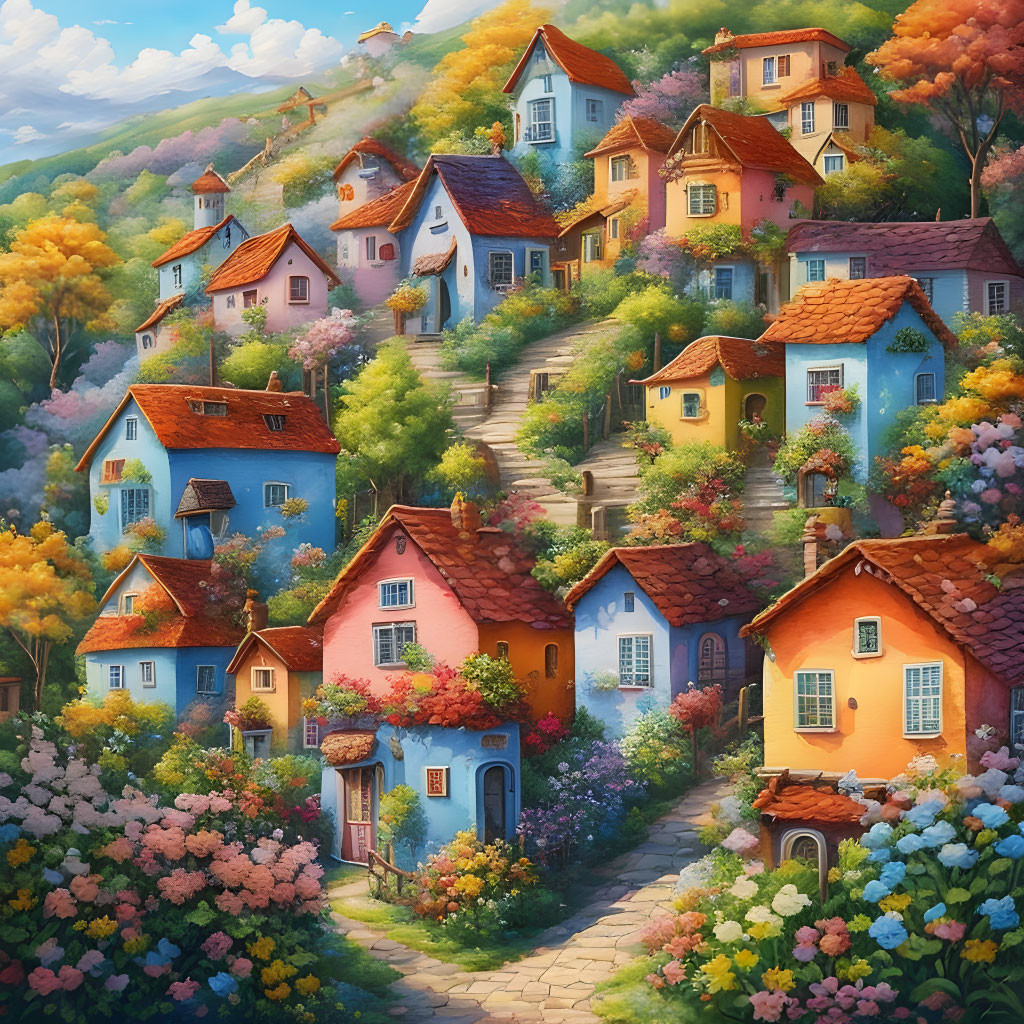 Colorful village nestled among lush hills and flowering plants