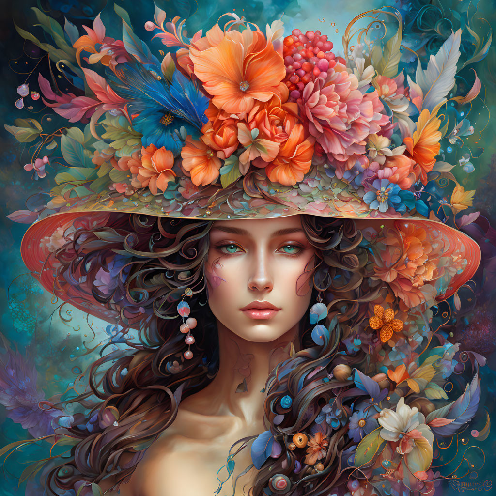 Woman's portrait with vibrant flowers on wide-brimmed hat and green eyes