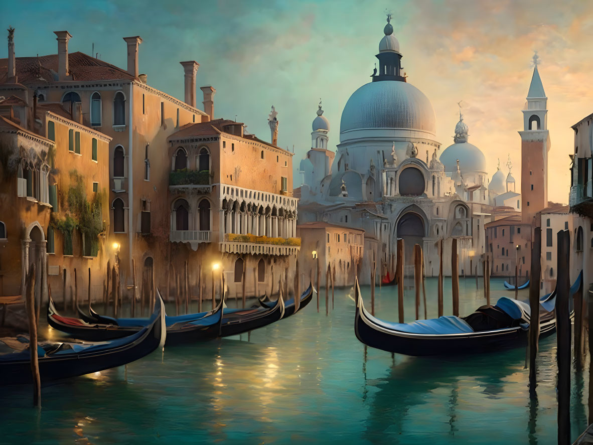 Historic Venetian buildings and grand dome over tranquil canal