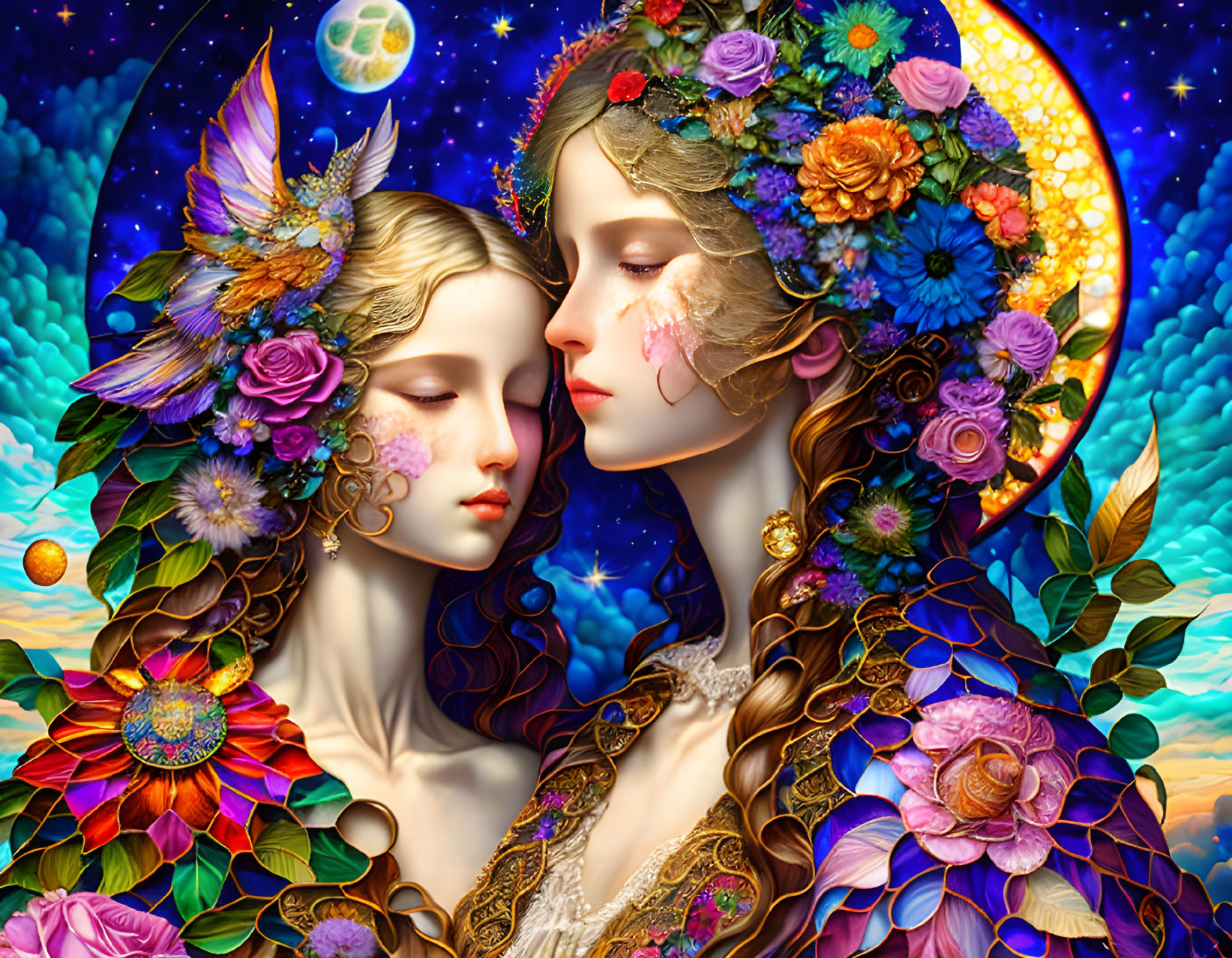 Ethereal women with floral adornments embracing under celestial sky