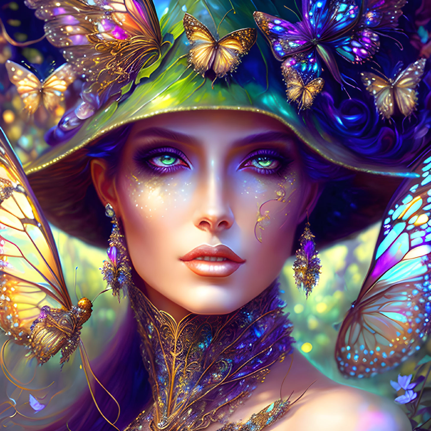 Woman with Sparkling Emerald Eyes in Butterfly Hat and Glitter Makeup