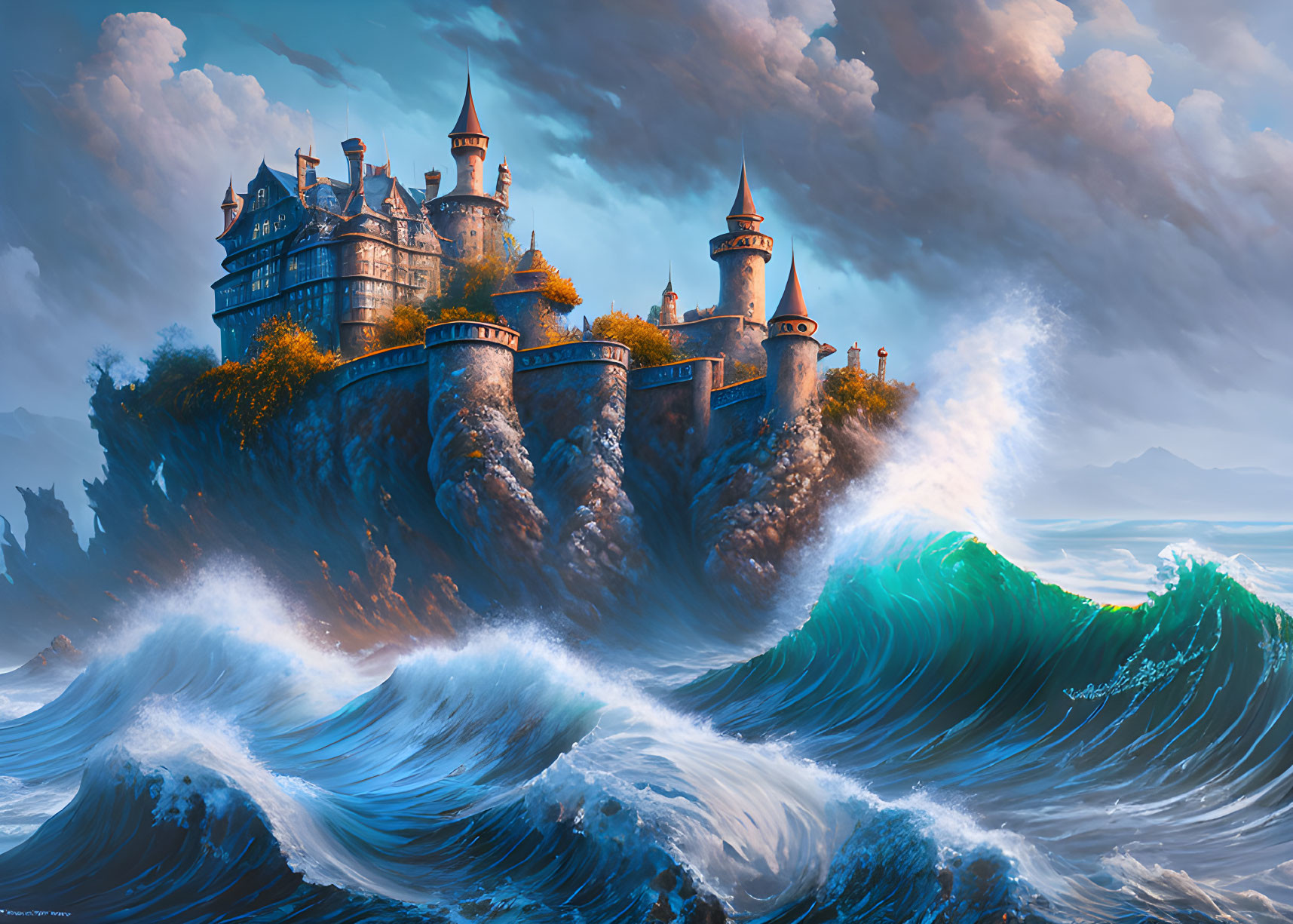 Majestic castle on rugged cliff with crashing waves and vivid sky