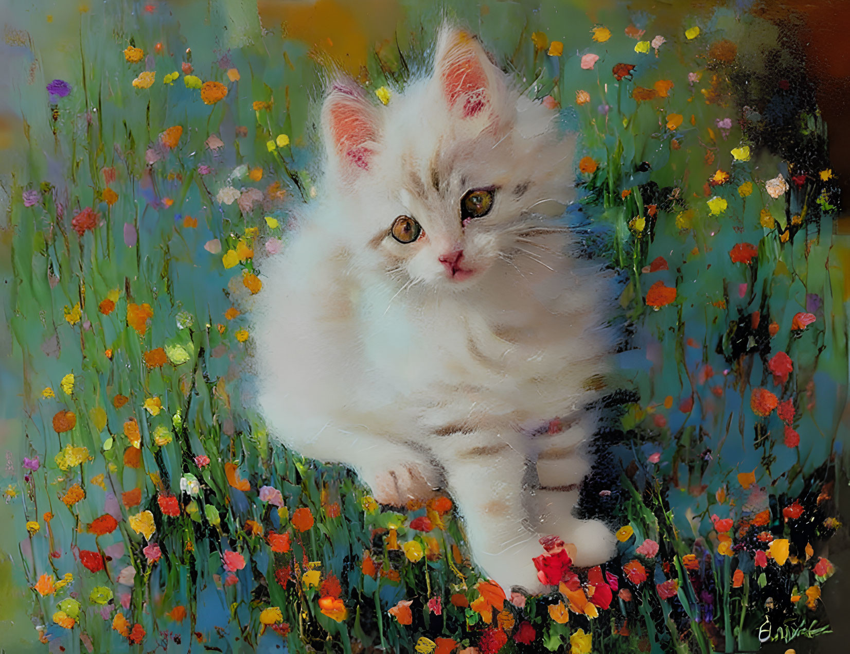 Fluffy White Kitten Surrounded by Wildflowers