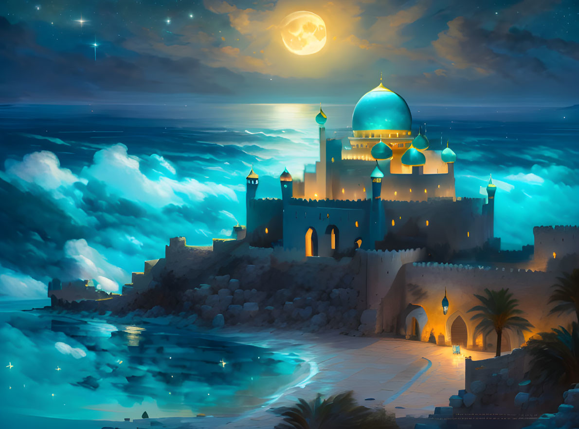 Fantasy palace with glowing windows under starry night sky and moonlit sea