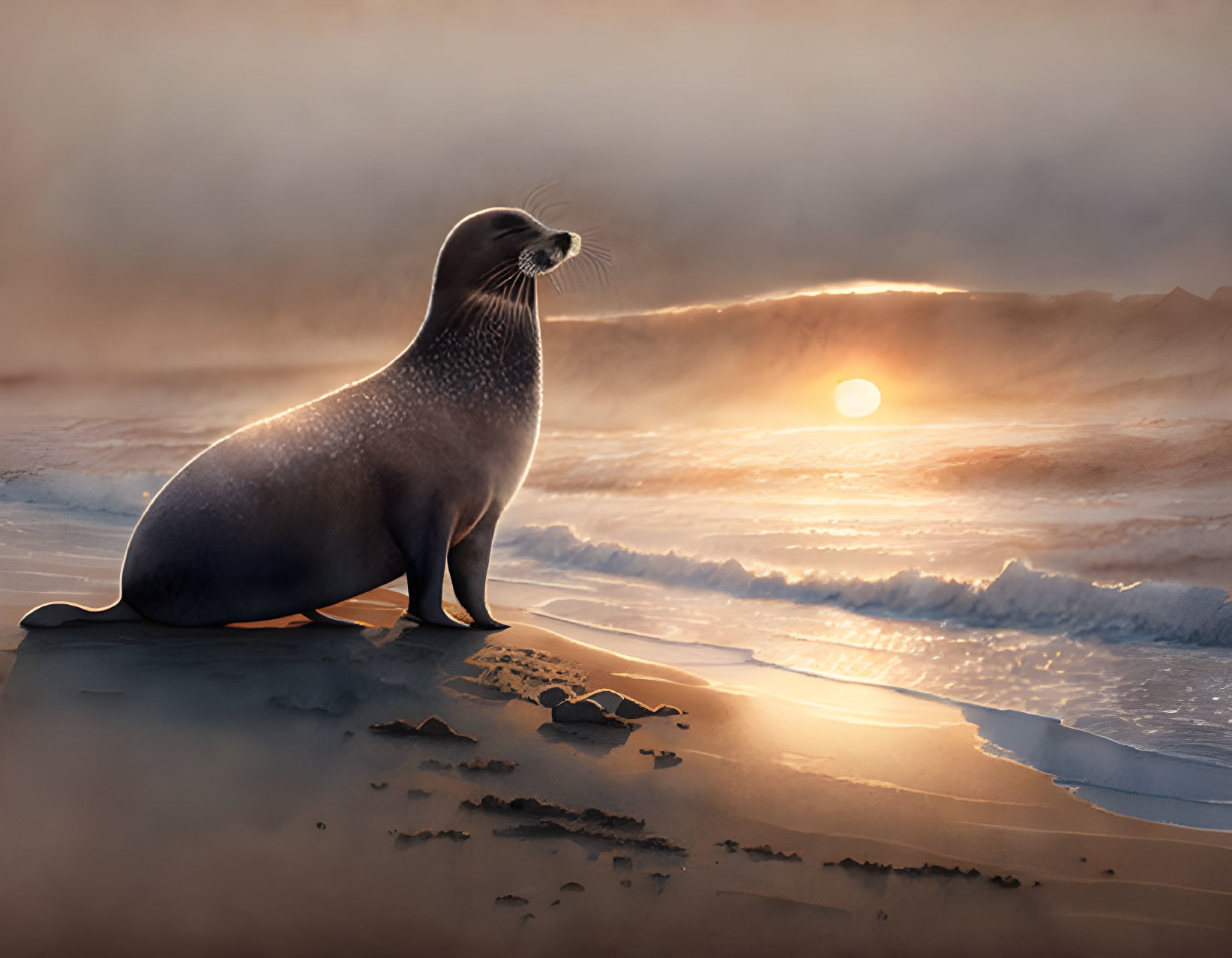 Seal on beach at sunset with gentle waves and warm sun glow