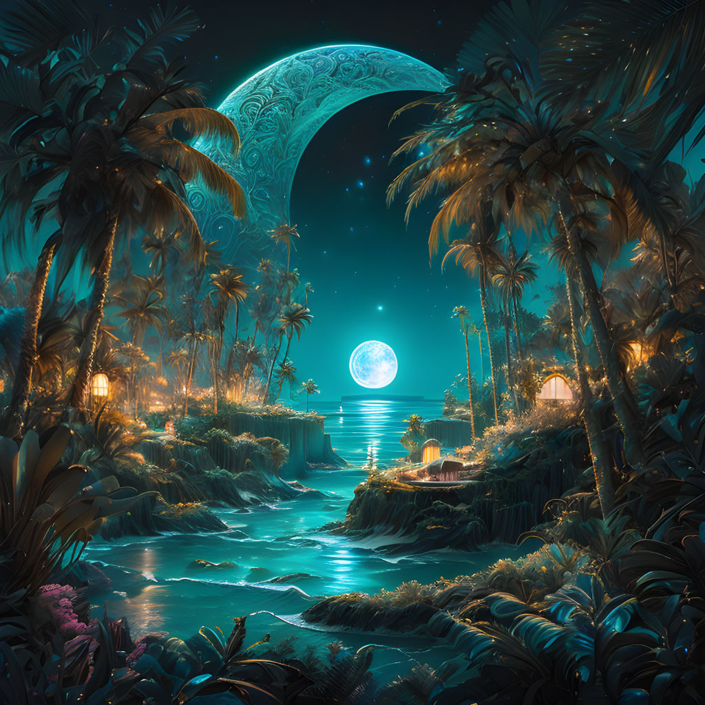 Mystical tropical landscape with glowing full moon