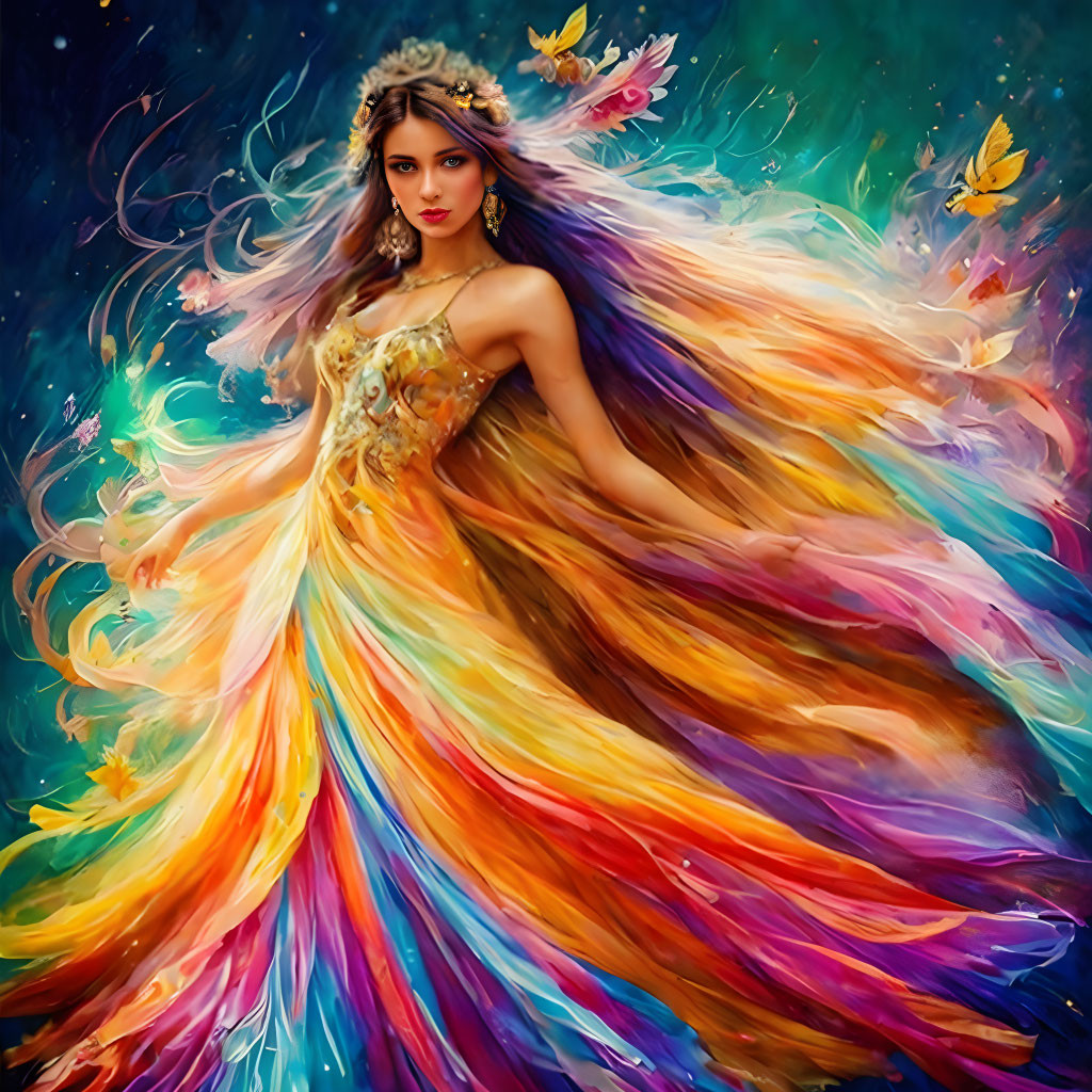 Colorful illustration: Woman in flowing dress with vibrant colors, surrounded by petals and butterflies