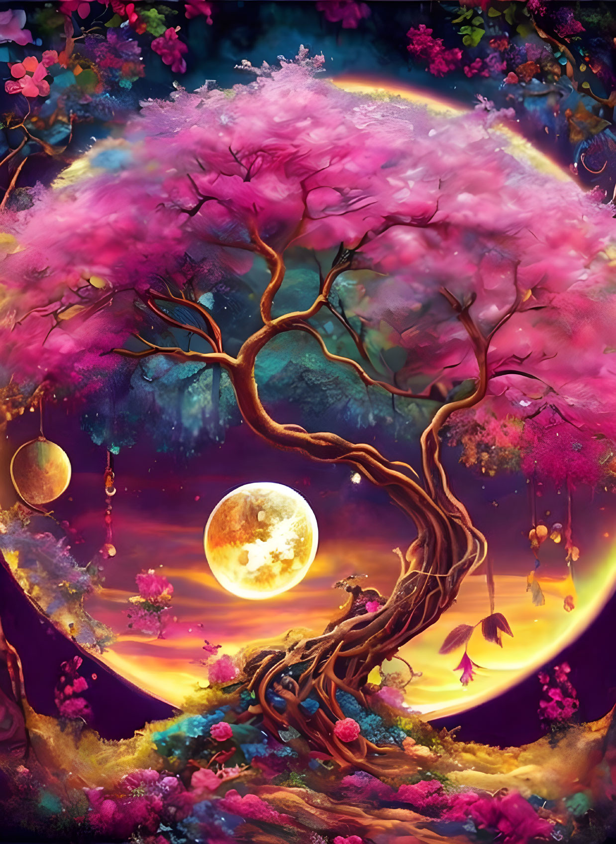 Colorful tree, golden moon, lanterns in lush fantasy landscape