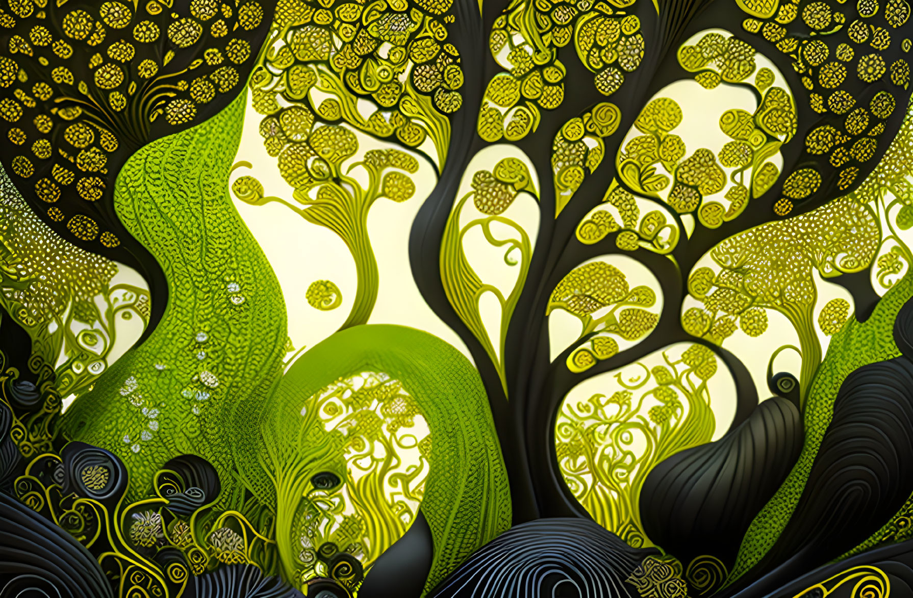 Abstract forest artwork with stylized green and black trees and intricate yellow patterns