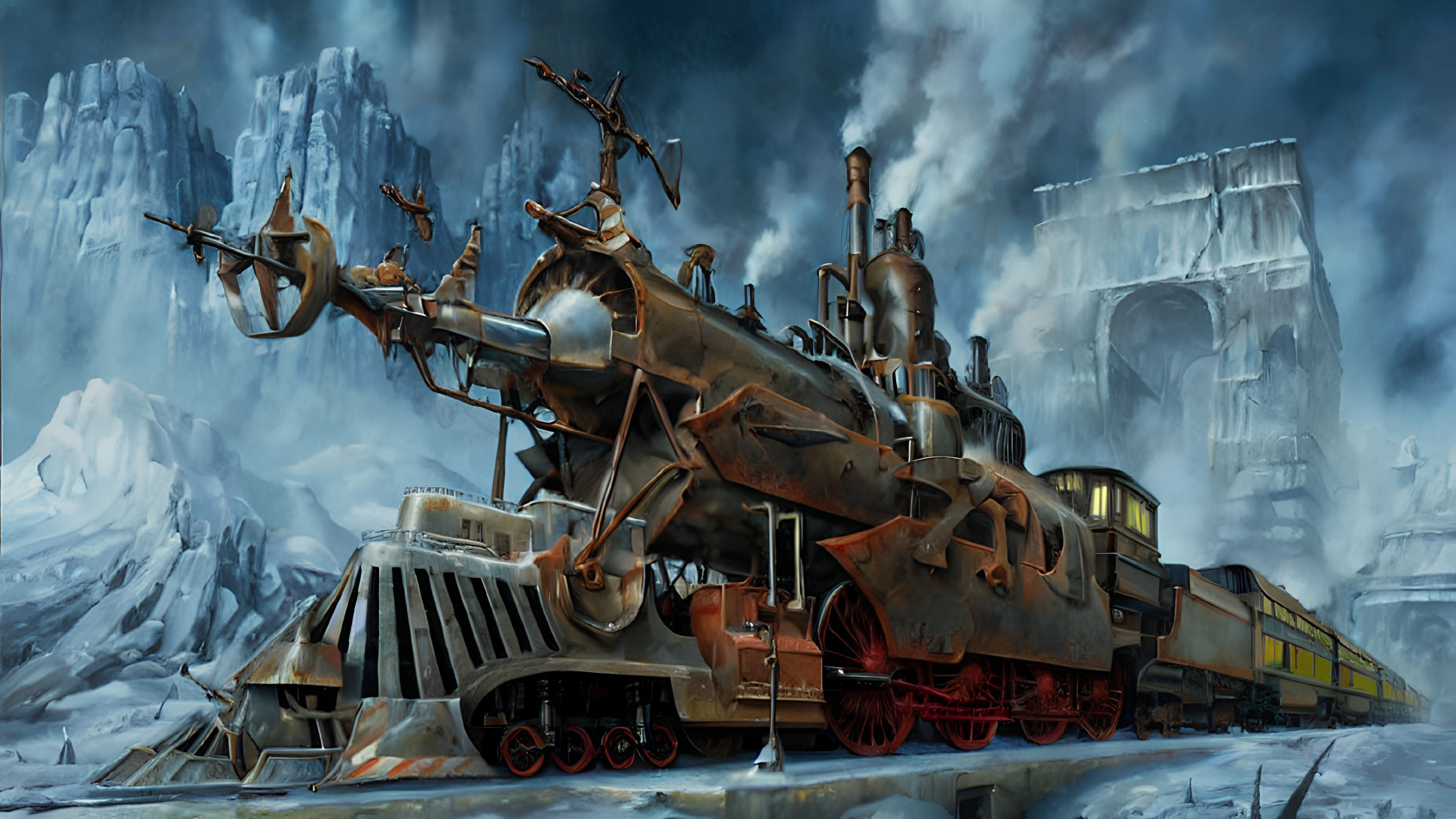 Elaborate Steampunk-Style Train in Snowy Mountain Landscape