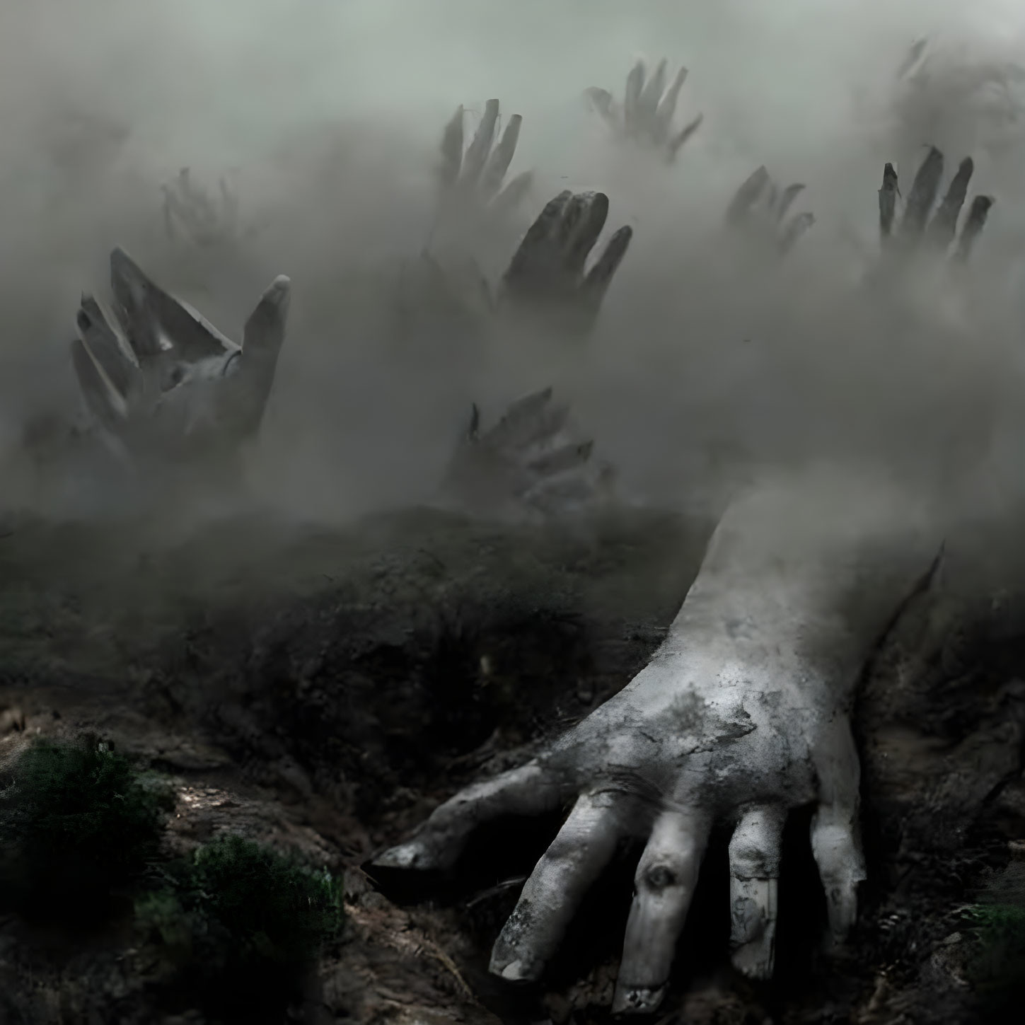 Mysterious giant stone-like hands in foggy scene