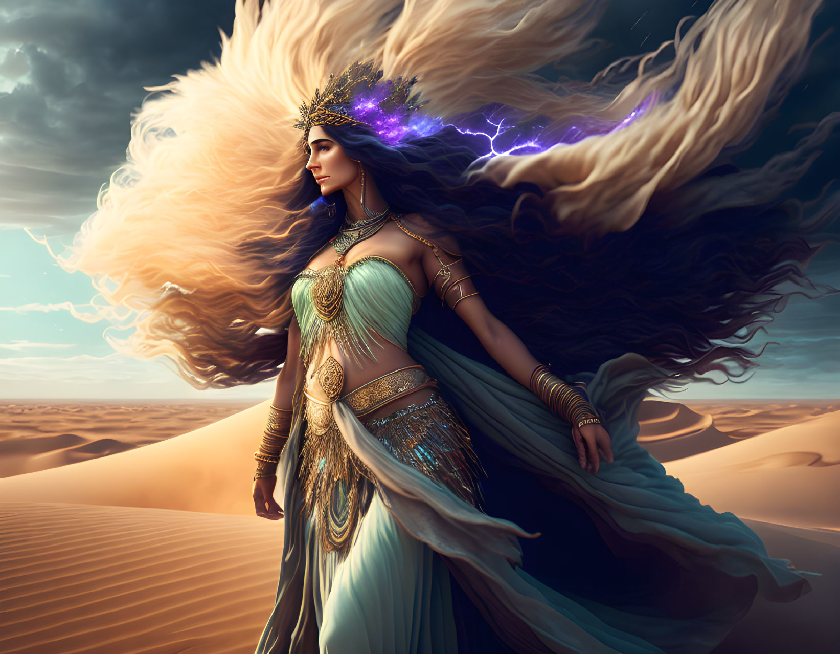 Regal Woman with Flowing Hair in Desert Dunes