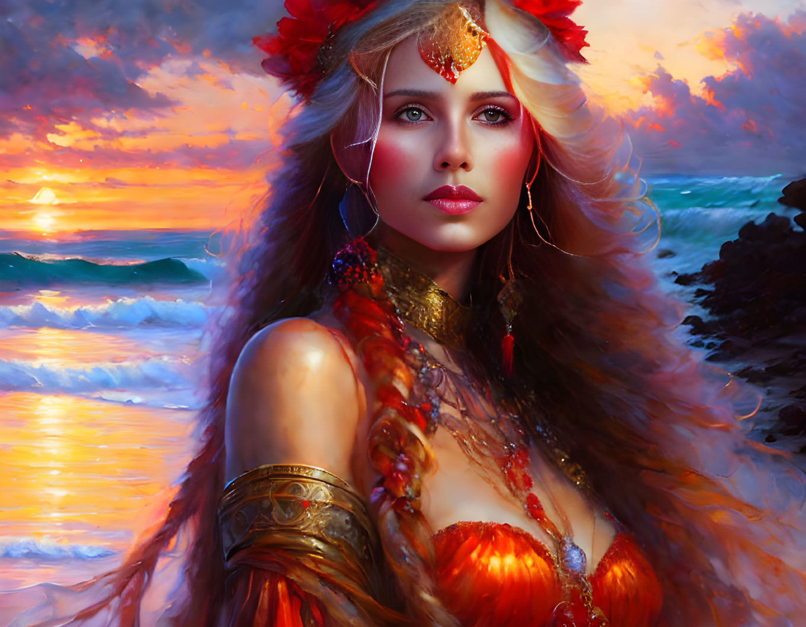 Digital artwork of woman in red attire with ocean backdrop & ethereal glow