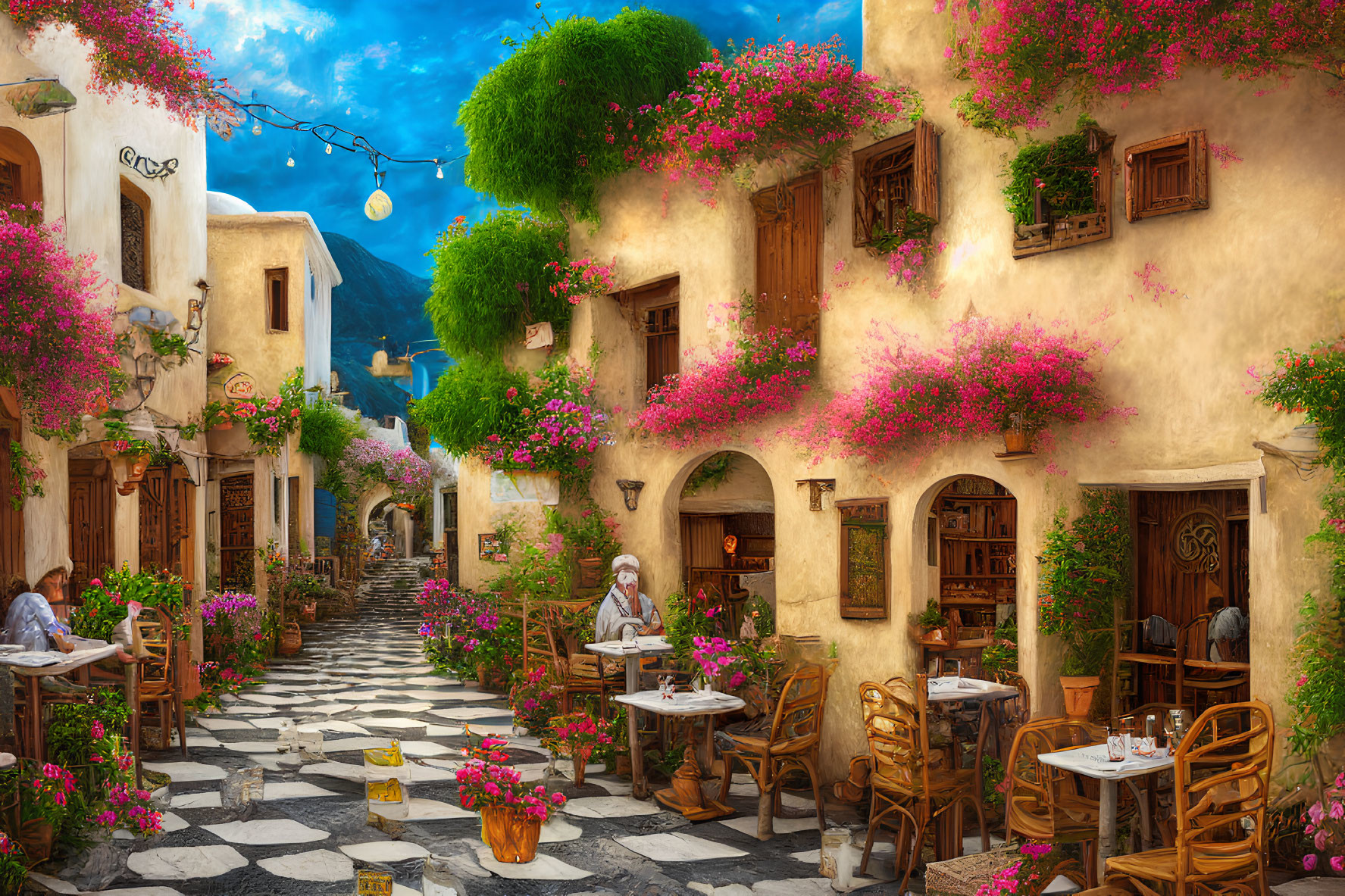 Picturesque cobblestone street with pink flowers, outdoor cafés, and blue sky