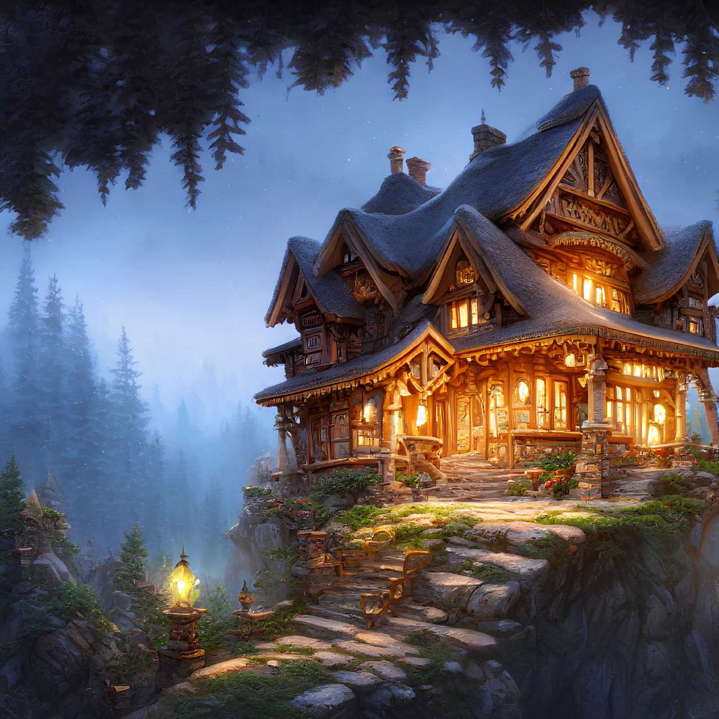 Cliffside cottage illuminated by glowing lights in foggy twilight