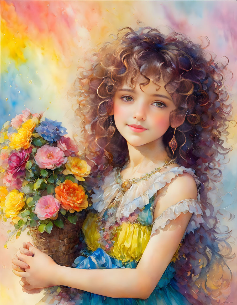 Curly-haired girl with flowers in pastel setting