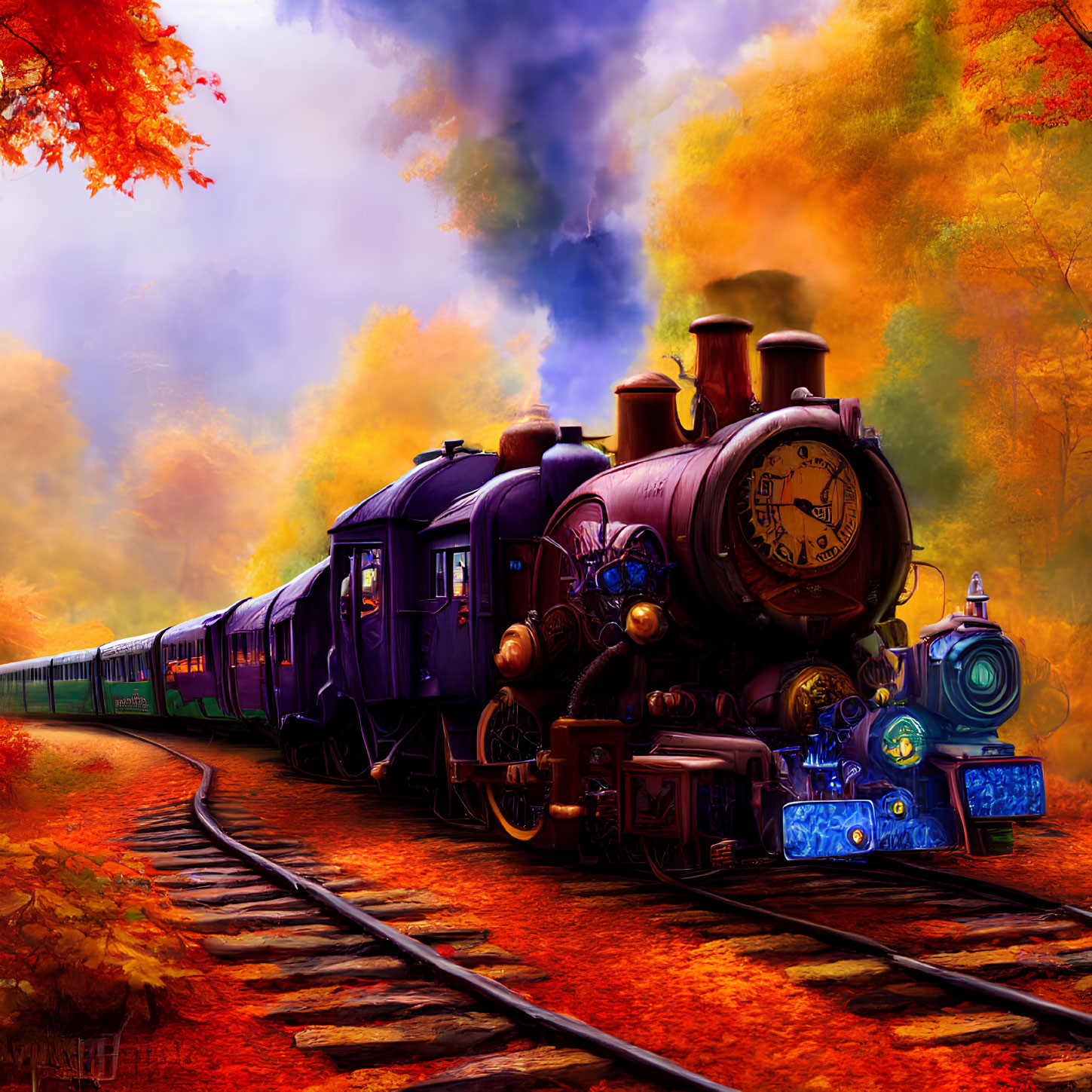 Colorful Digital Art: Vintage Steam Train in Purple and Blue, Amid Autumn Foliage