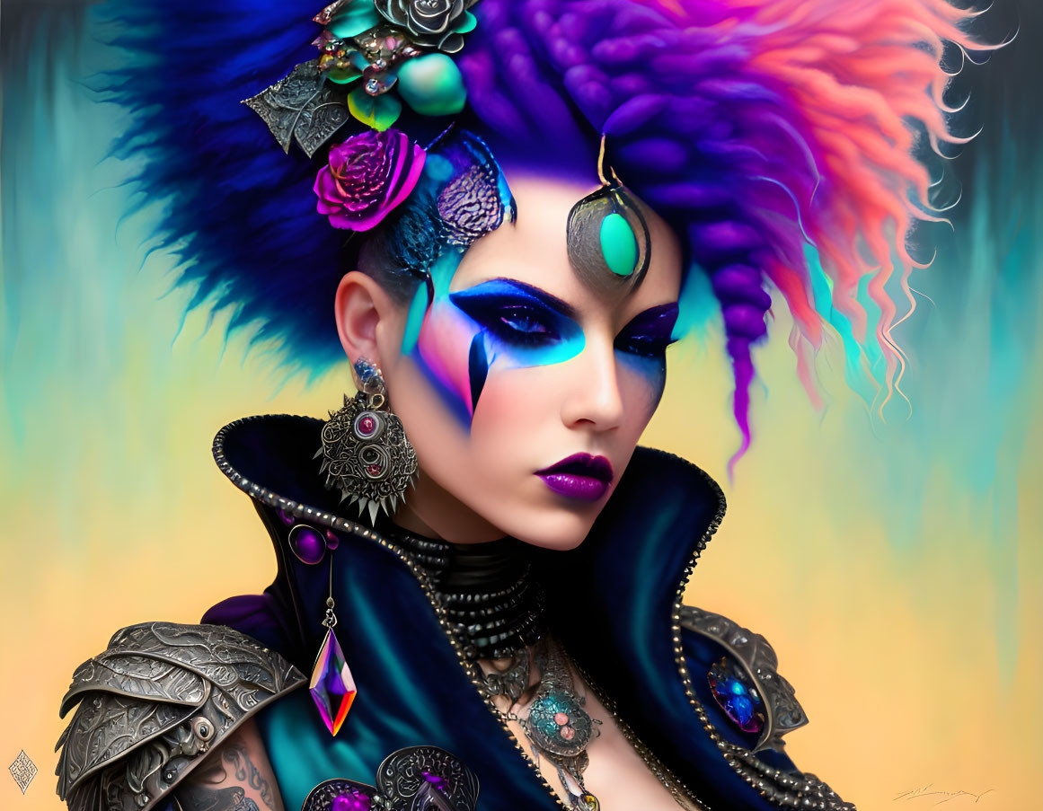 Vibrant punk-inspired makeup and armor on fantasy character art