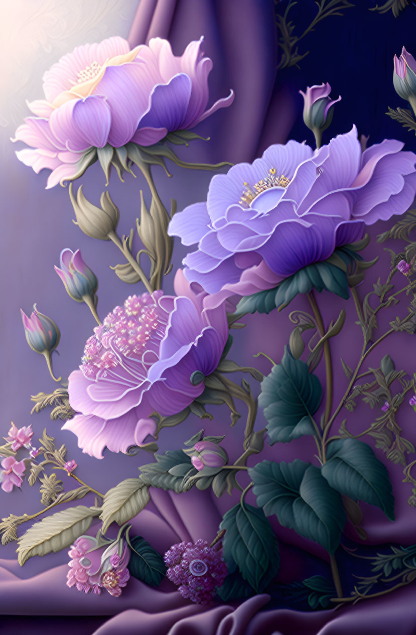 Detailed Purple and Pink Flower Illustration on Dark Background