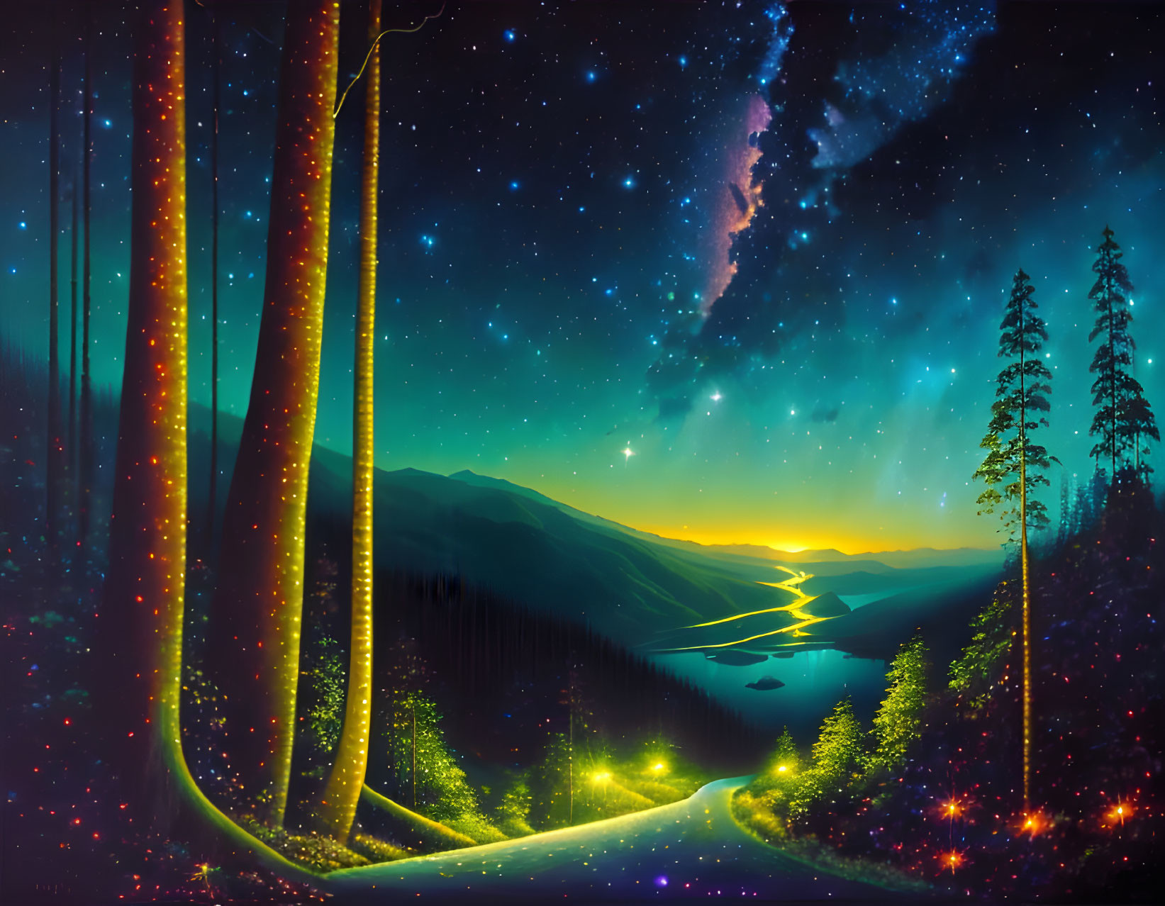 Vibrant night landscape with glowing trees, starry sky, Milky Way streak, winding road,