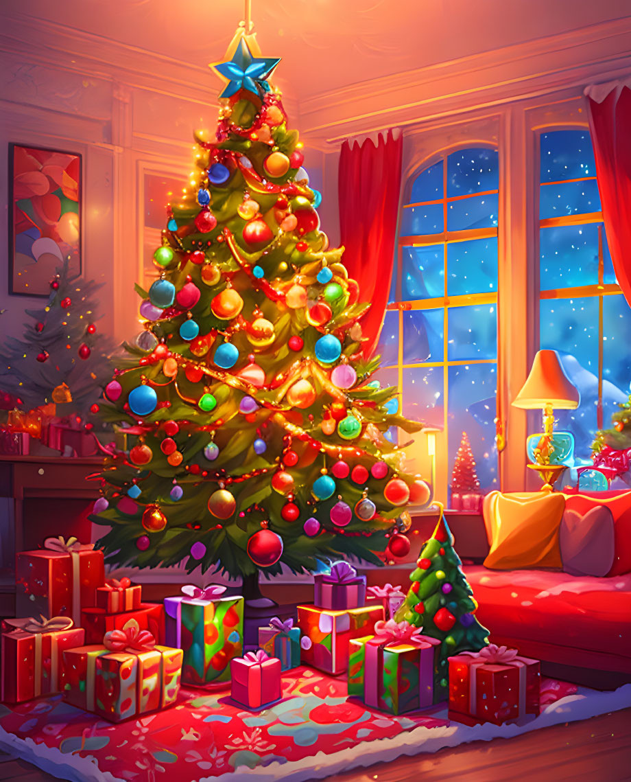 Decorated Christmas tree with presents in cozy interior setting