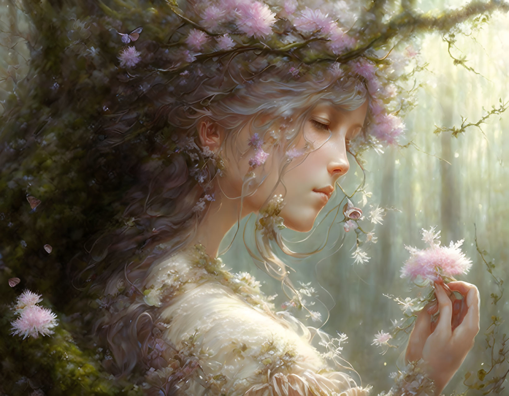 Serene woman with floral elements holding a flower in soft glow